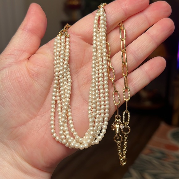 Ann Taylor Cream Faux Pearl Multi-Strand Gold Chain Necklace - Picture 6 of 7
